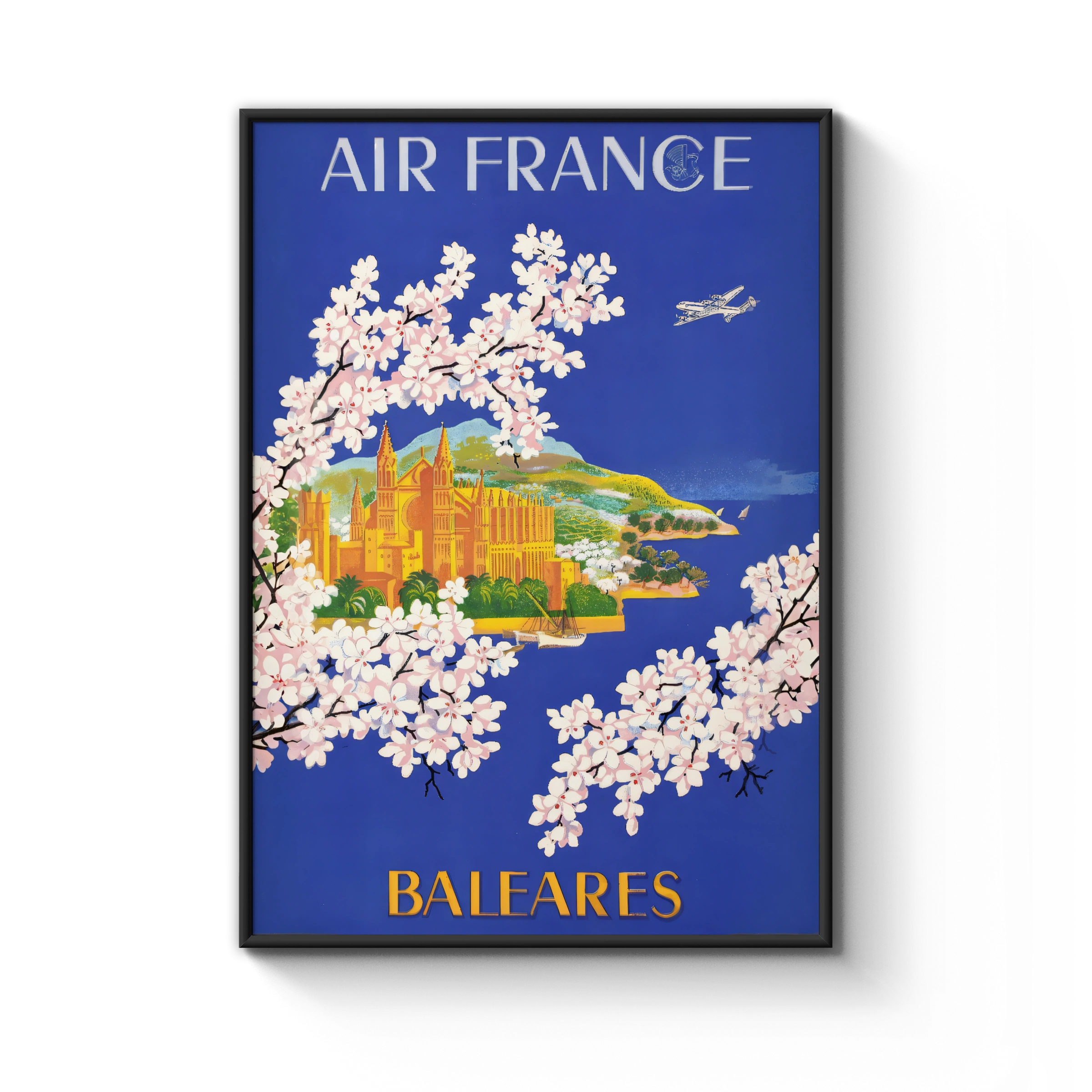 Vintage Balearic Islands Travel Poster, Air France Art 7099, Floral Motif, Vintage Airline Print, Blue Wall Art