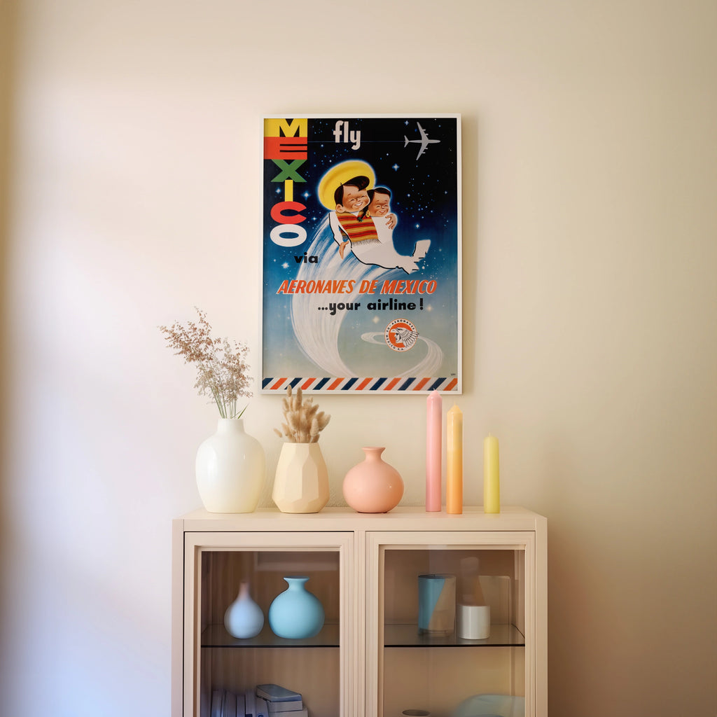 Vintage Mexico Travel Poster 1950, Aeronaves De Mexico Airline, Retro Aviation Wall Art Print