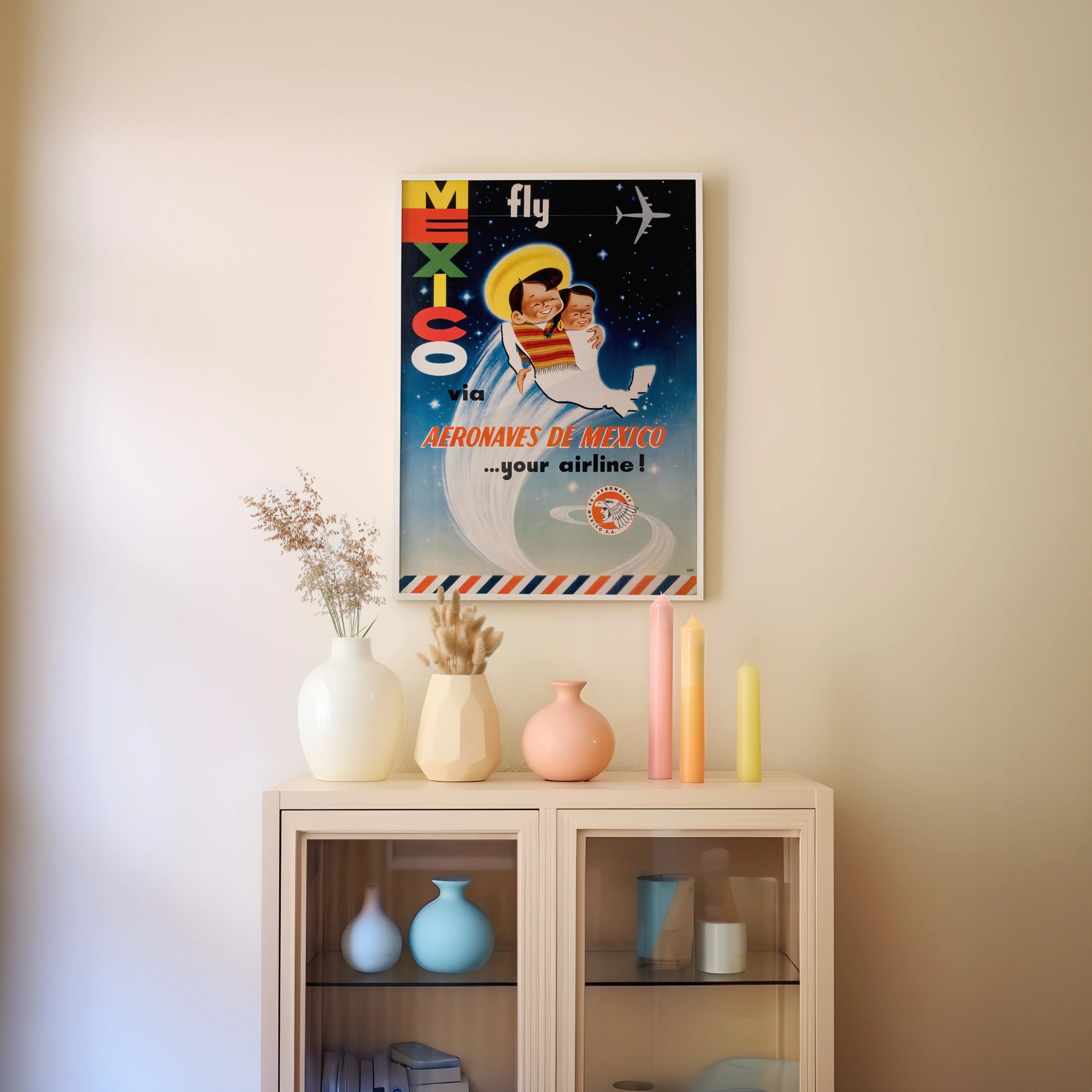 Vintage Mexico Travel Poster 1950, Aeronaves De Mexico Airline, Retro Aviation Wall Art Print