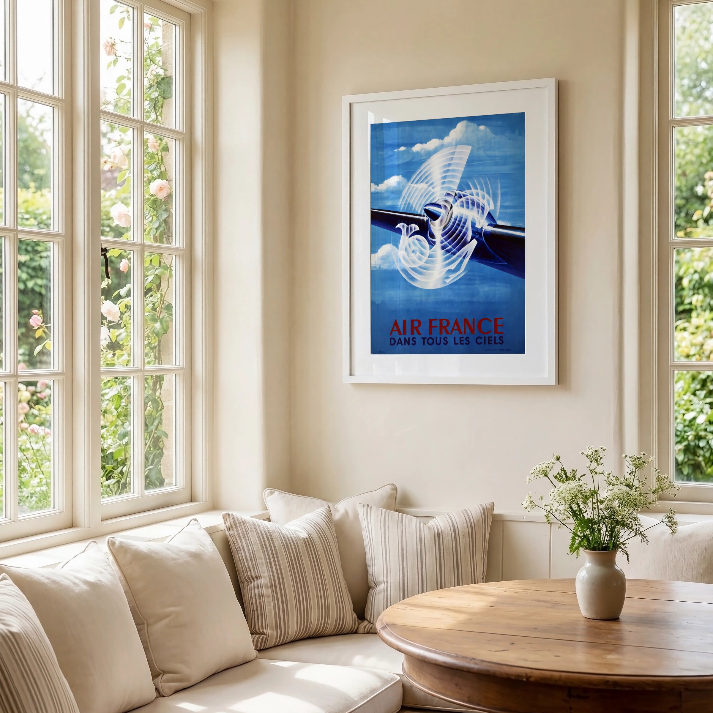 Vintage Air France Travel Poster, 1948 - Classic Aviation Art, Blue Sky, Aeroplane Propeller Design