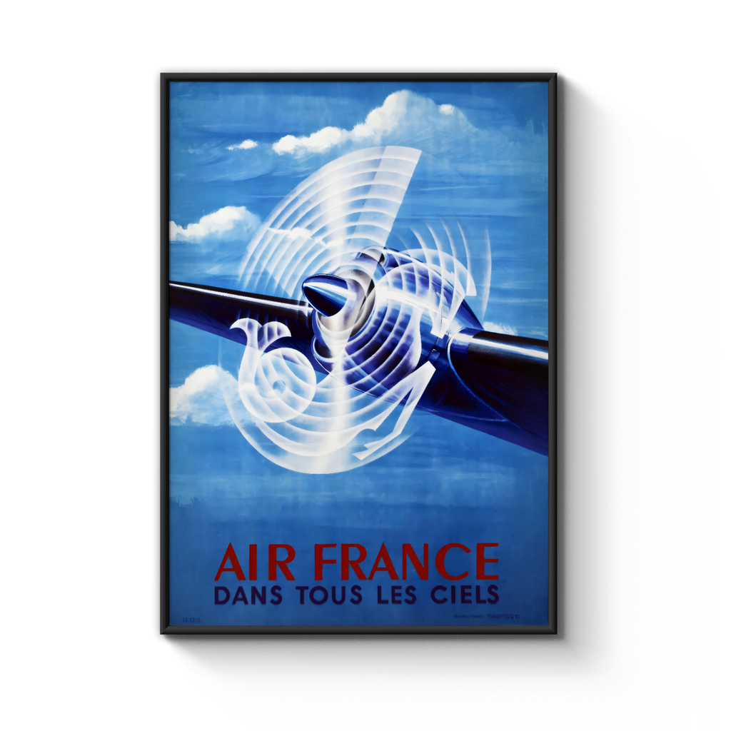 Vintage Air France Travel Poster, 1948 - Classic Aviation Art, Blue Sky, Aeroplane Propeller Design