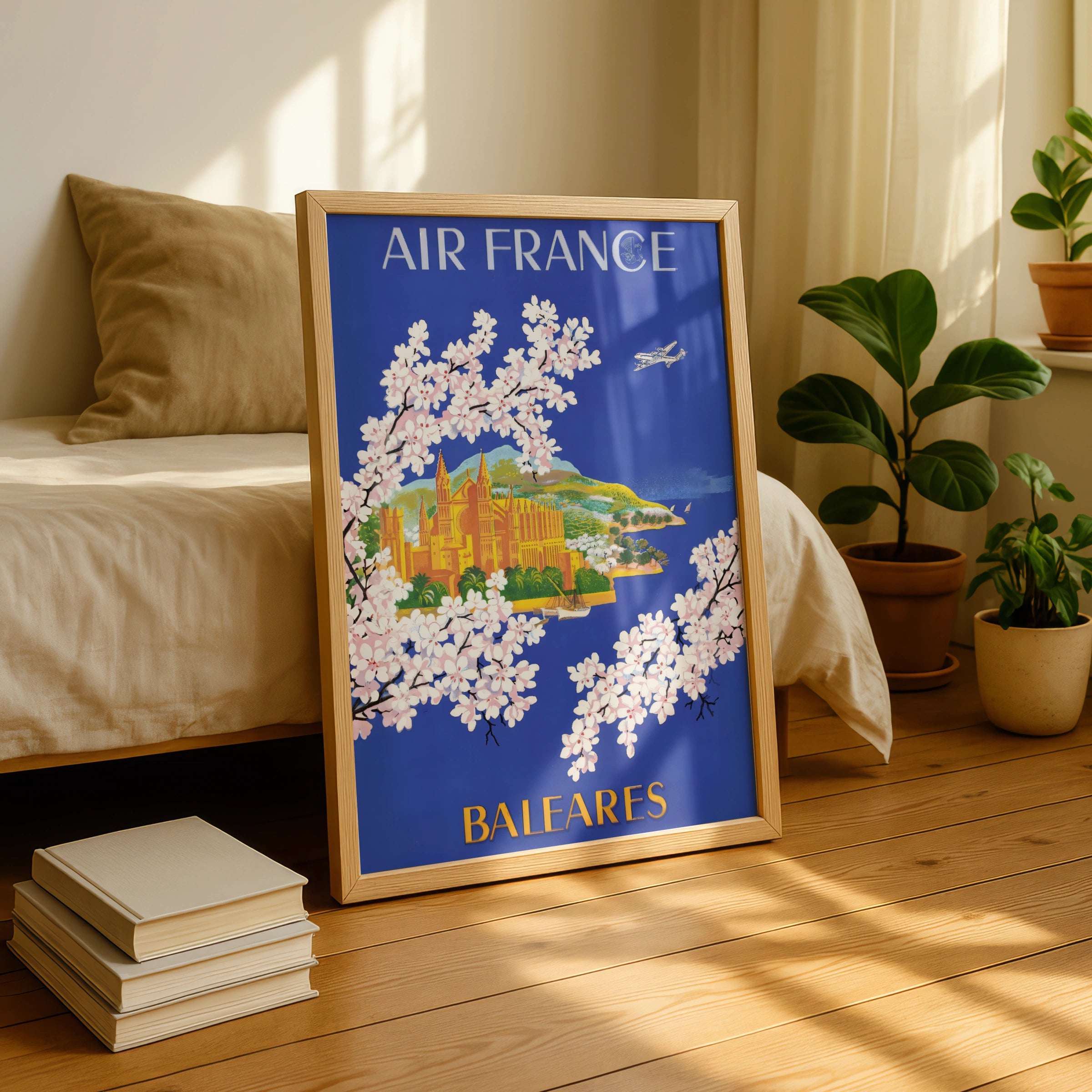Vintage Balearic Islands Travel Poster, Air France Art 7099, Floral Motif, Vintage Airline Print, Blue Wall Art