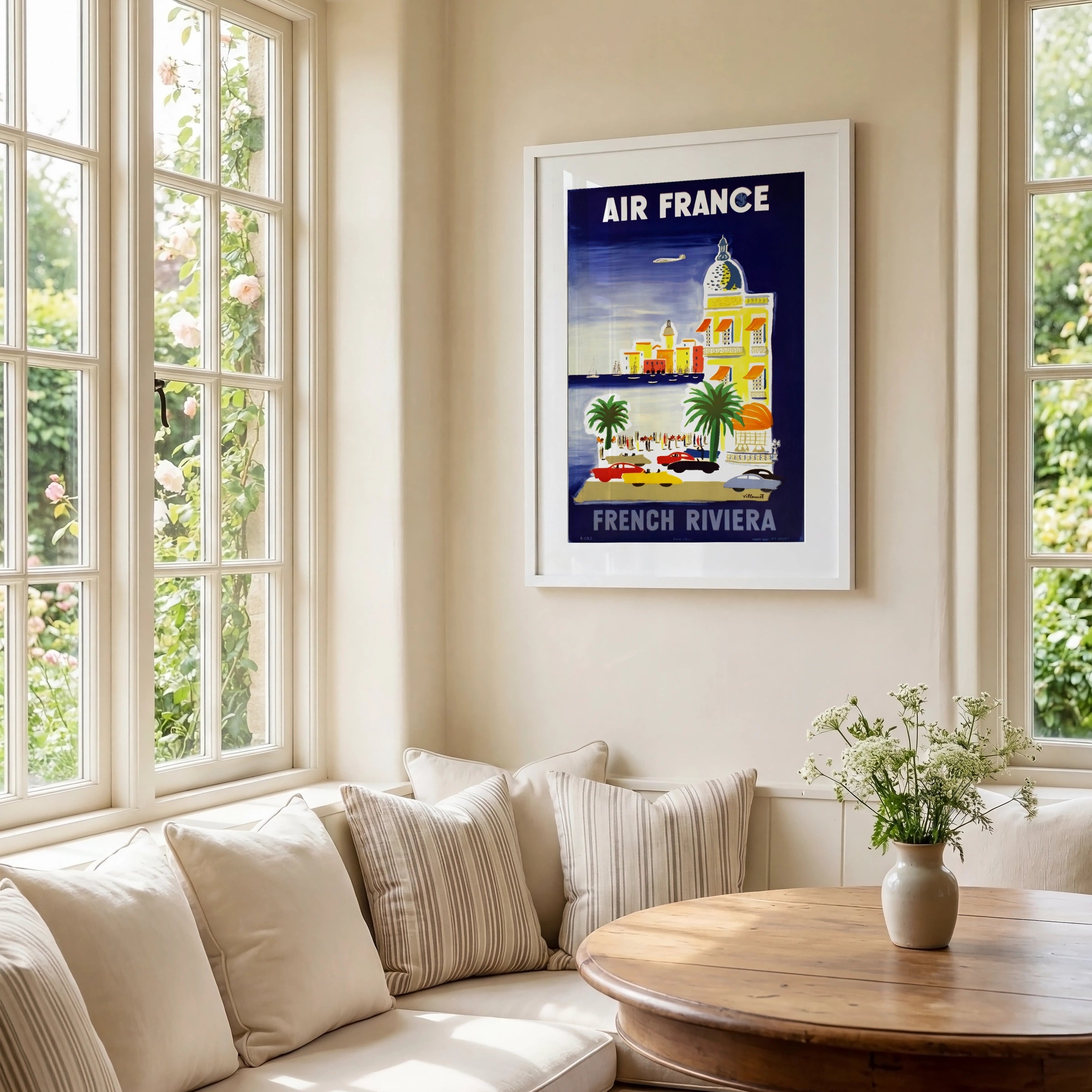Vintage French Riviera Travel Poster, 1950 Air France Art Print, Colourful Coastal Scene, Retro Wall Decor