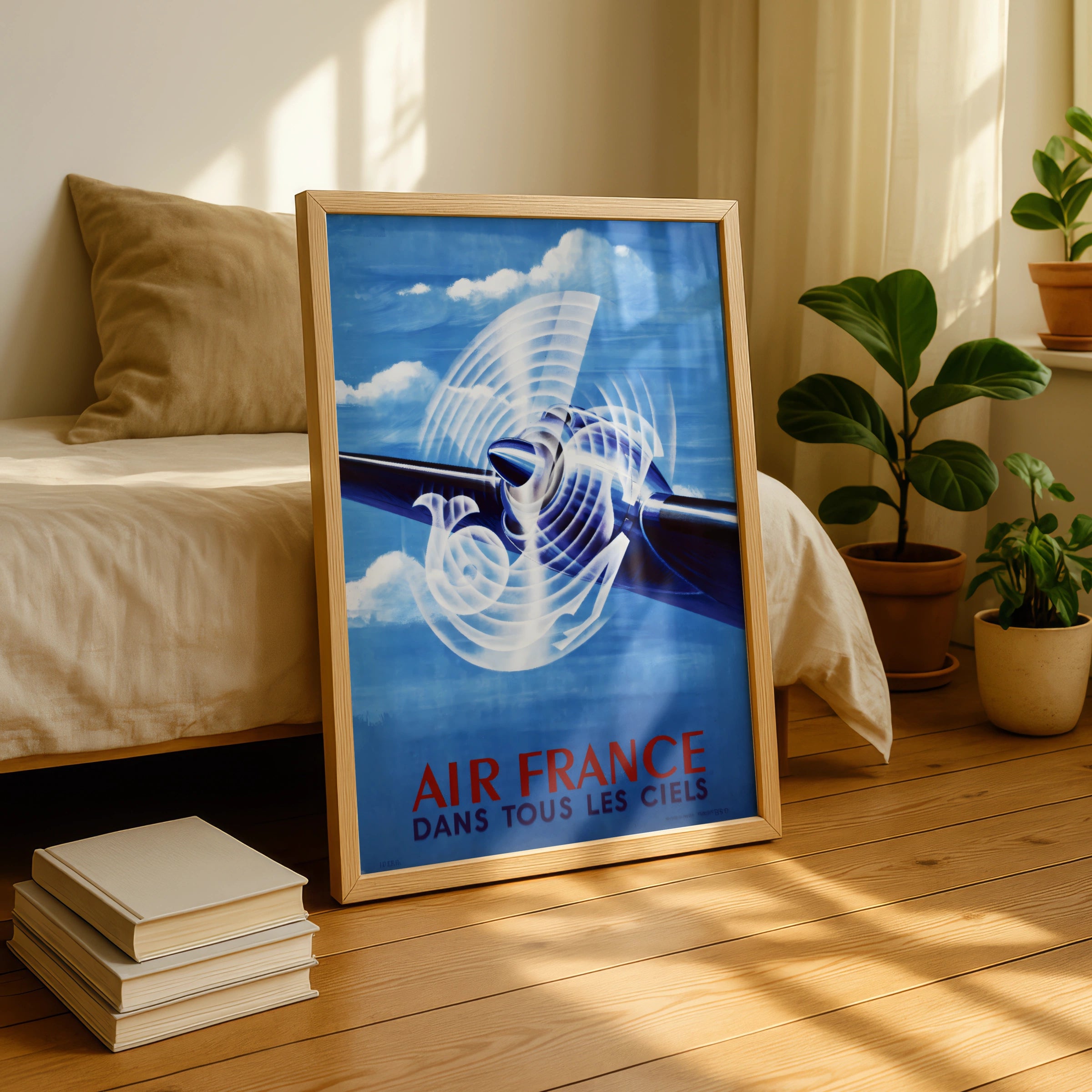 Vintage Air France Travel Poster, 1948 - Classic Aviation Art, Blue Sky, Aeroplane Propeller Design