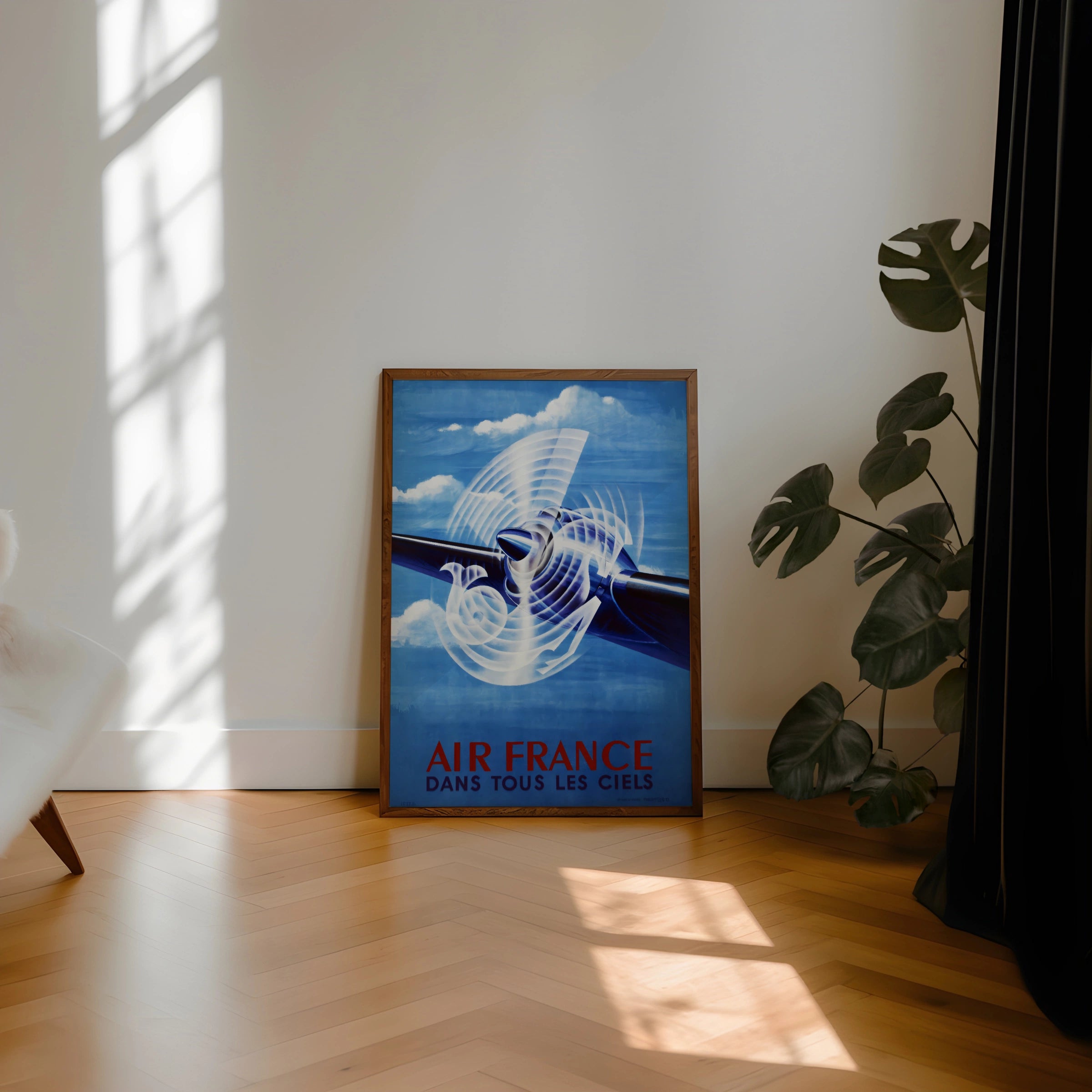 Vintage Air France Travel Poster, 1948 - Classic Aviation Art, Blue Sky, Aeroplane Propeller Design