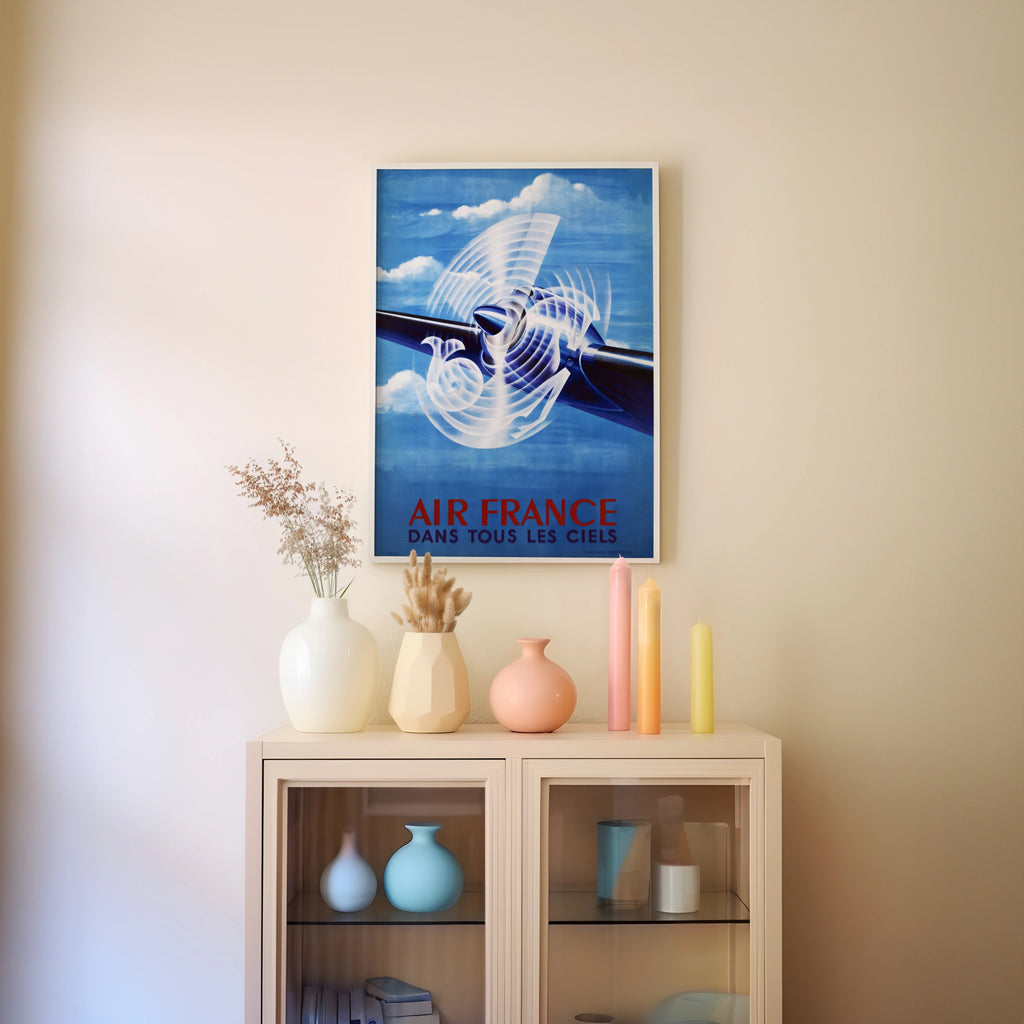 Vintage Air France Travel Poster, 1948 - Classic Aviation Art, Blue Sky, Aeroplane Propeller Design
