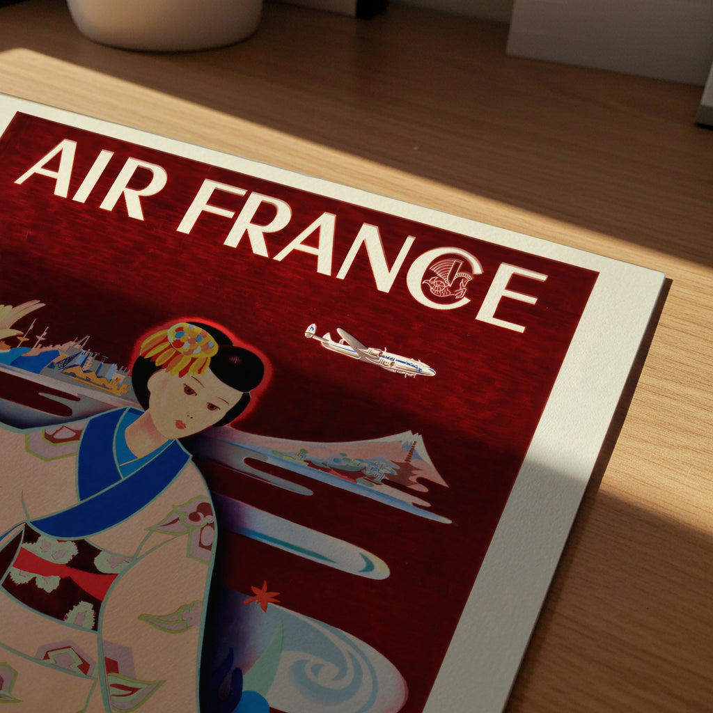 Vintage Japan Travel Poster, Air France Paris - Tokyo, 1950s Art Deco Style, Japanese Woman in Kimono, Wall Art