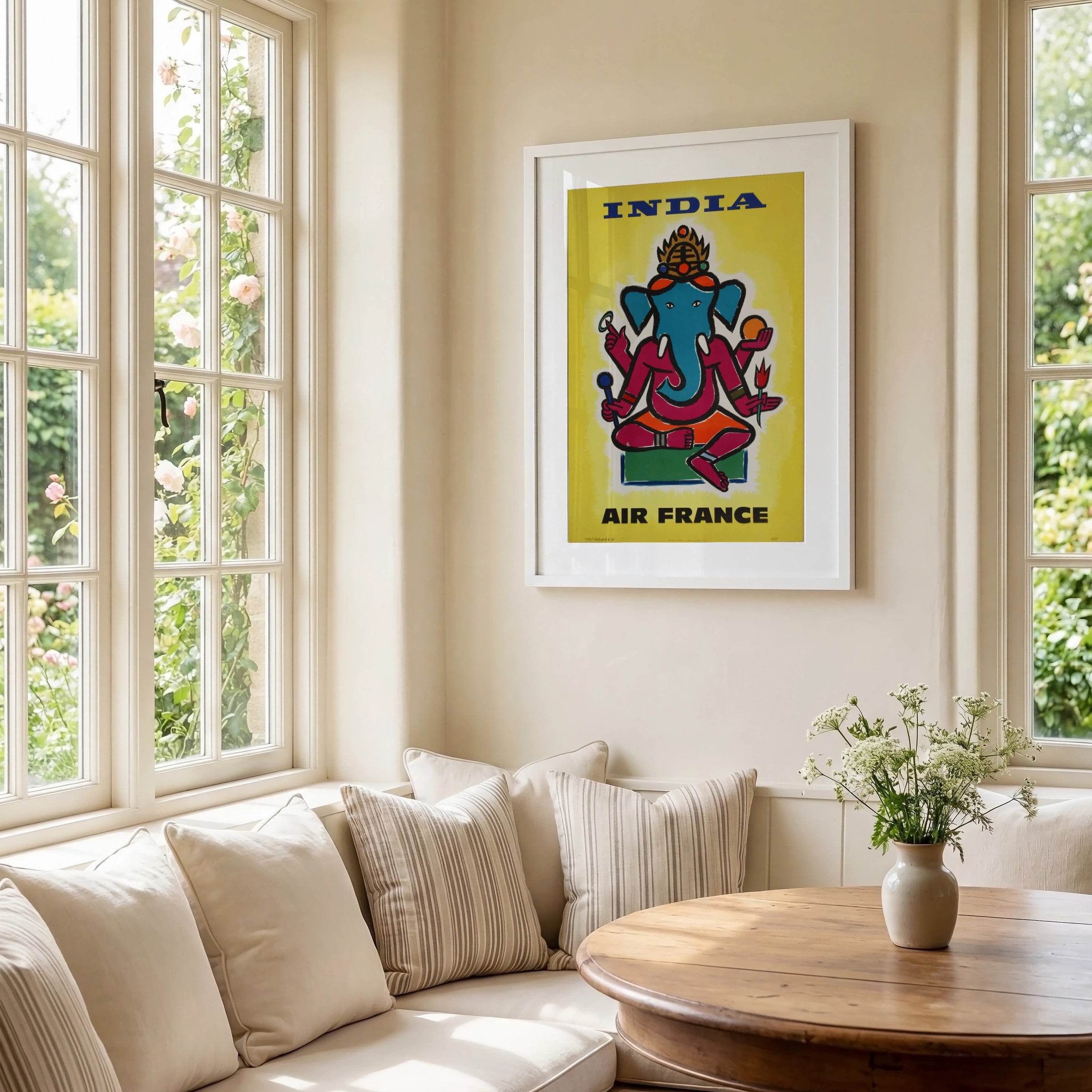 Vintage India Travel Poster, Air France, Colourful Ganesha Artwork, Wall Art for Home Decor, Retro Style, 1960s Print
