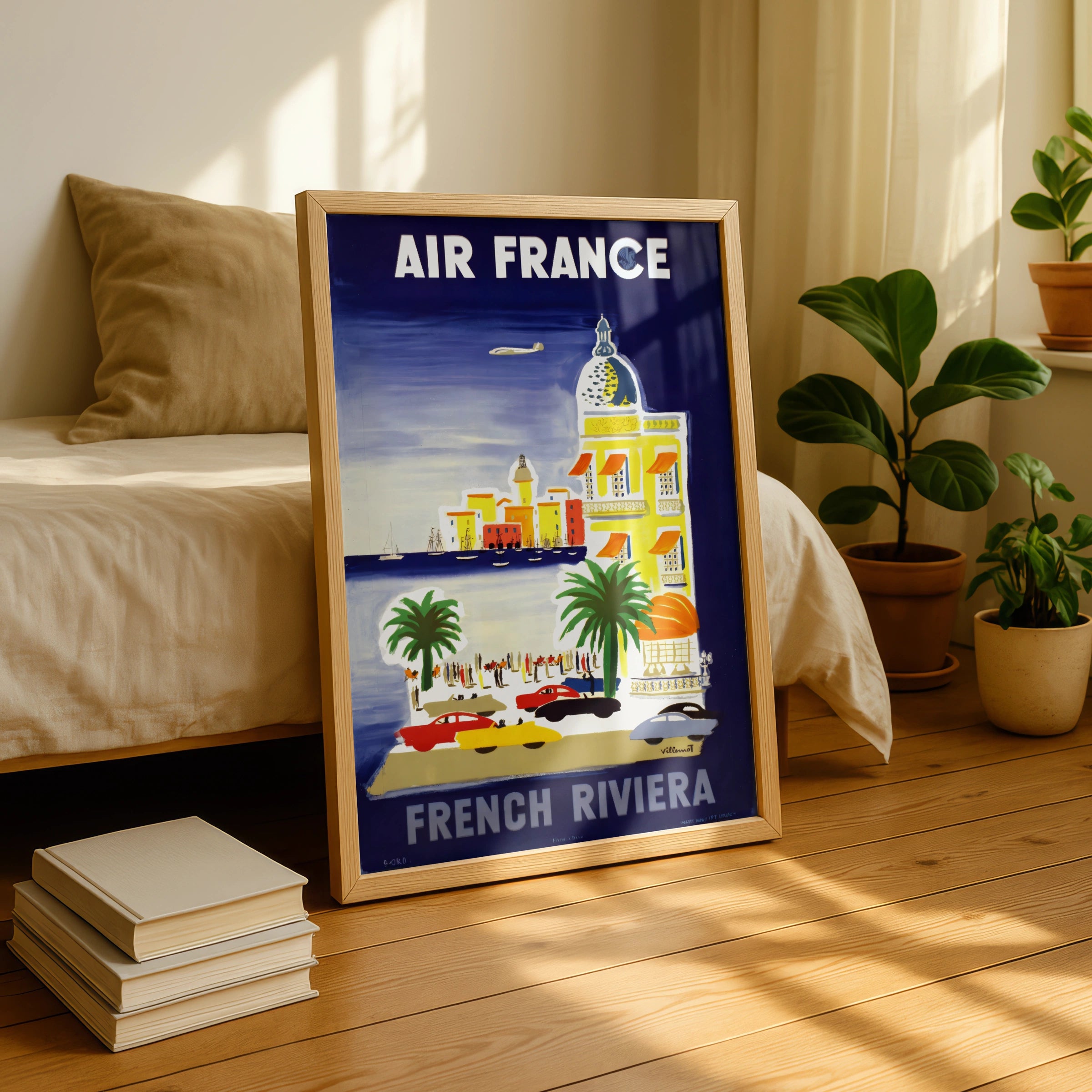 Vintage French Riviera Travel Poster, 1950 Air France Art Print, Colourful Coastal Scene, Retro Wall Decor