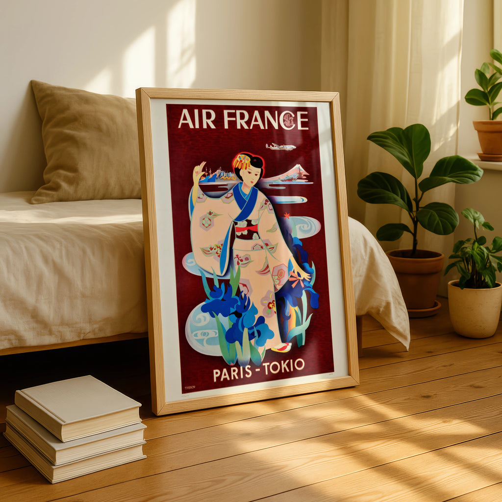 Vintage Japan Travel Poster, Air France Paris - Tokyo, 1950s Art Deco Style, Japanese Woman in Kimono, Wall Art