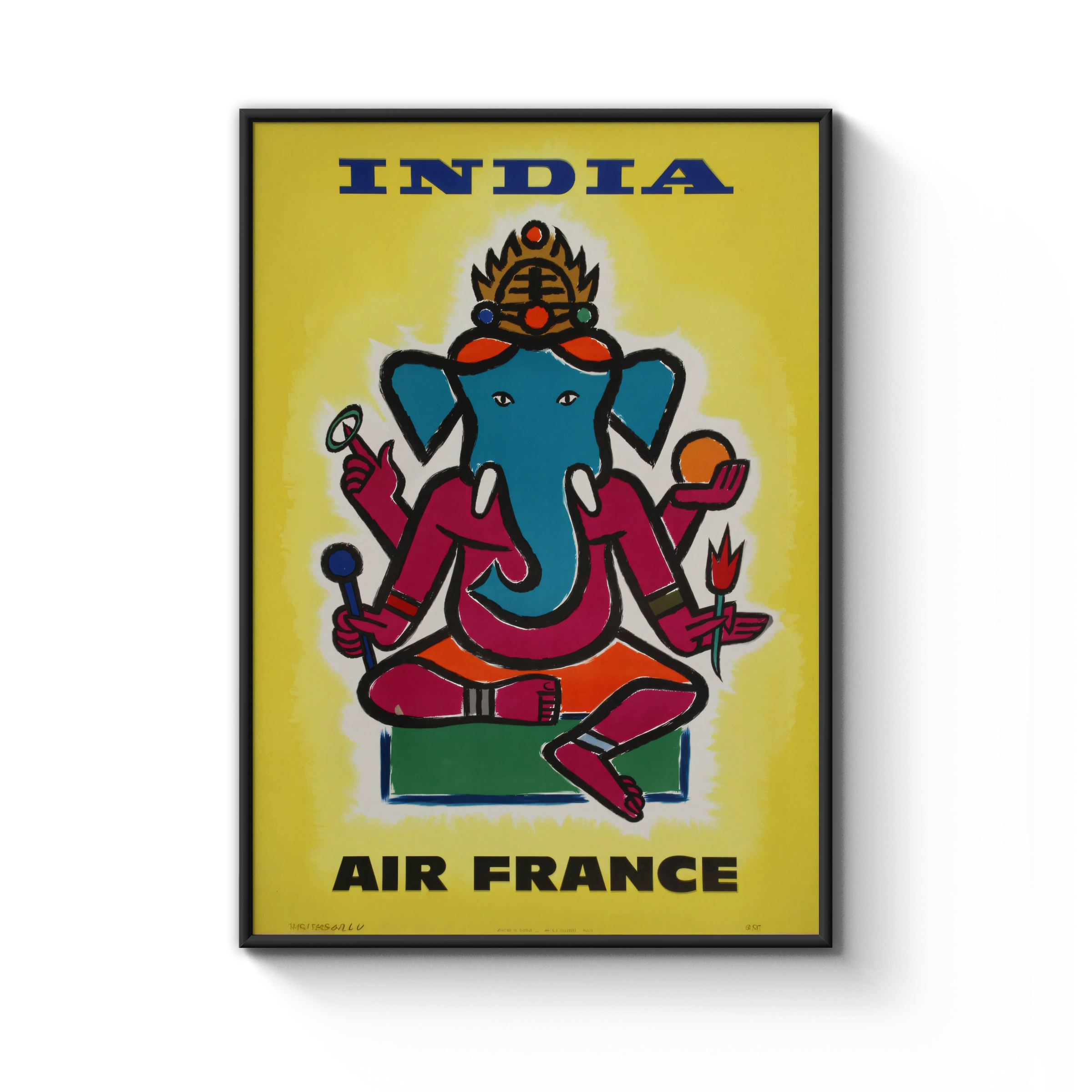 Vintage India Travel Poster, Air France, Colourful Ganesha Artwork, Wall Art for Home Decor, Retro Style, 1960s Print