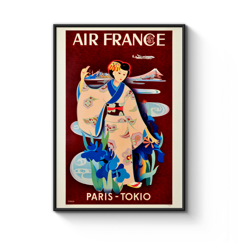 Vintage Japan Travel Poster, Air France Paris - Tokyo, 1950s Art Deco Style, Japanese Woman in Kimono, Wall Art
