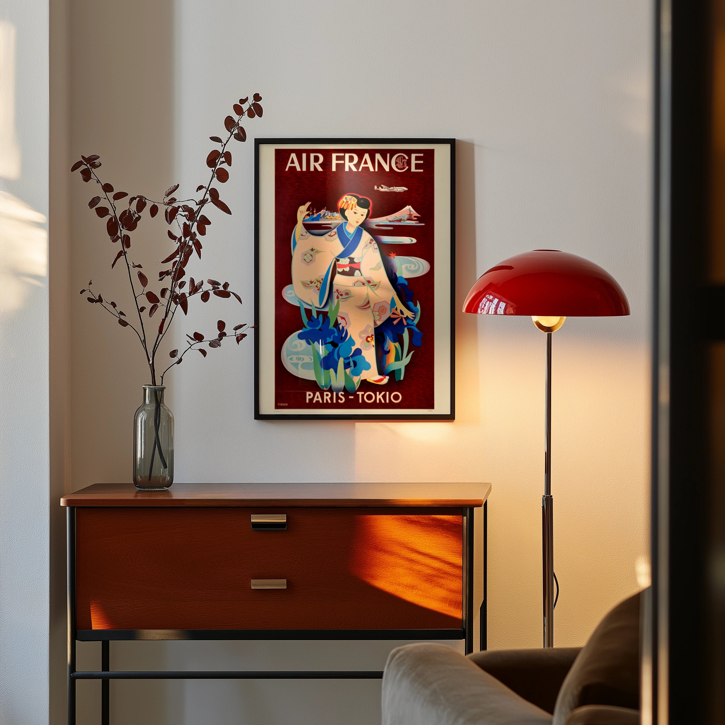 Vintage Japan Travel Poster, Air France Paris - Tokyo, 1950s Art Deco Style, Japanese Woman in Kimono, Wall Art
