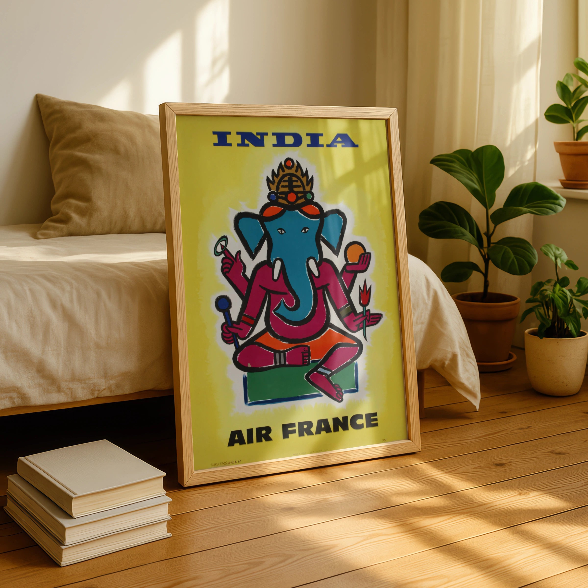 Vintage India Travel Poster, Air France, Colourful Ganesha Artwork, Wall Art for Home Decor, Retro Style, 1960s Print