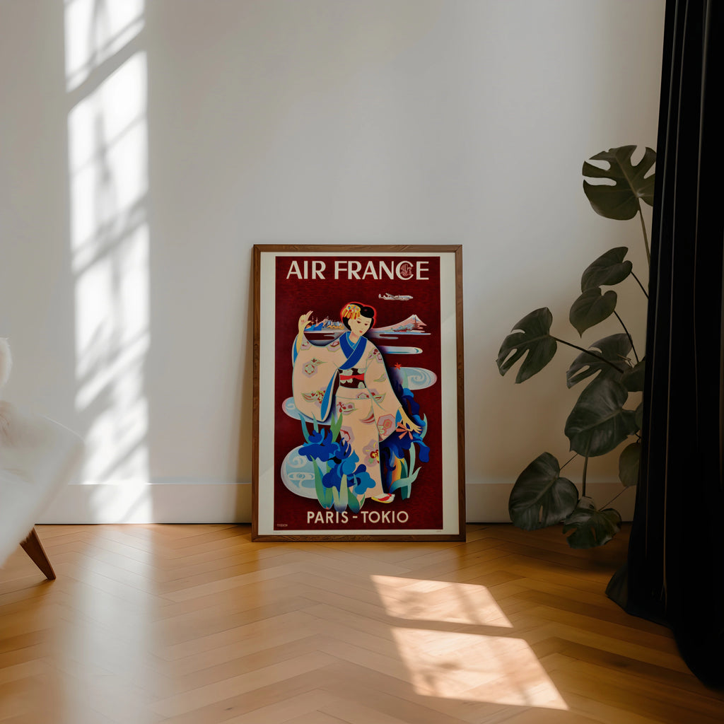 Vintage Japan Travel Poster, Air France Paris - Tokyo, 1950s Art Deco Style, Japanese Woman in Kimono, Wall Art