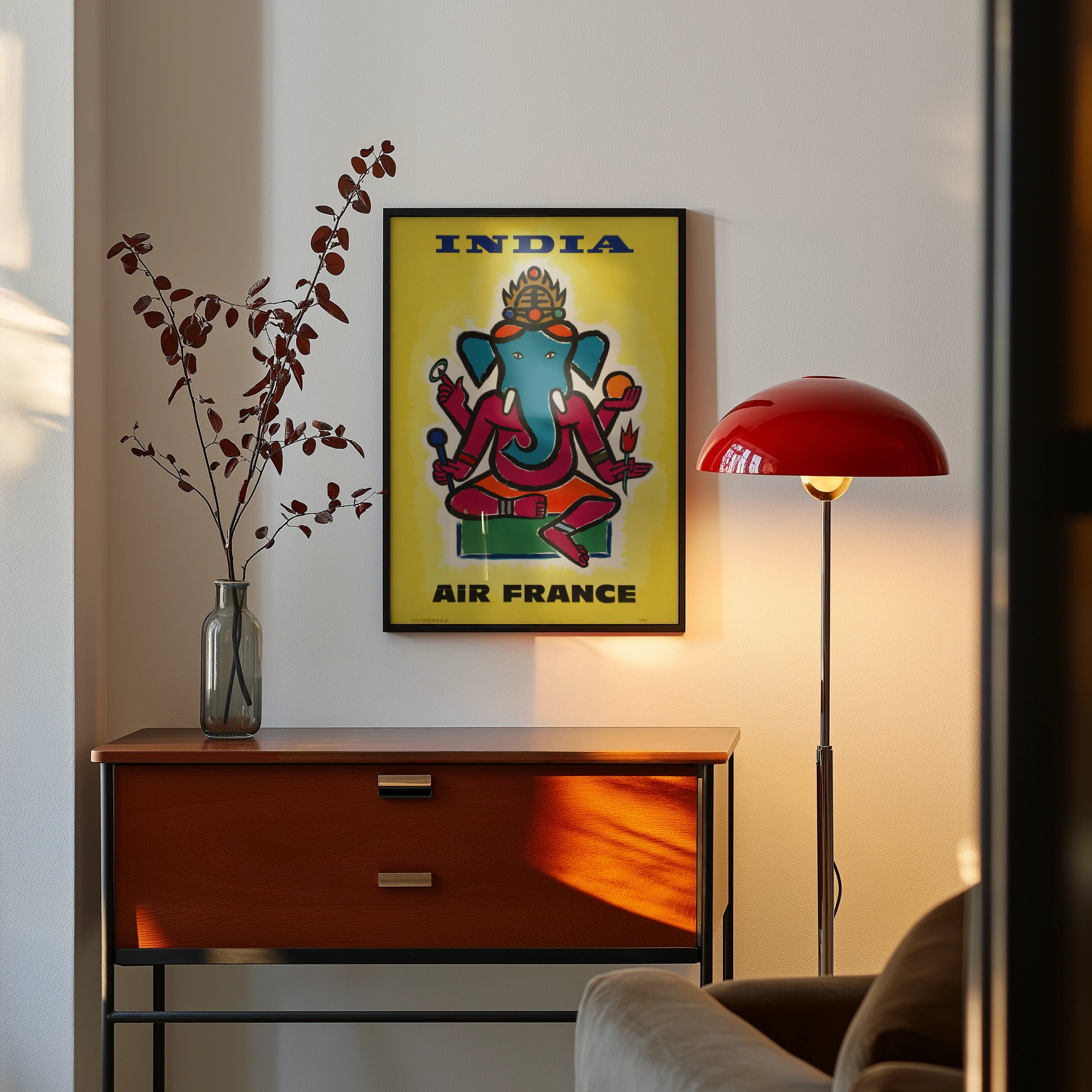 Vintage India Travel Poster, Air France, Colourful Ganesha Artwork, Wall Art for Home Decor, Retro Style, 1960s Print