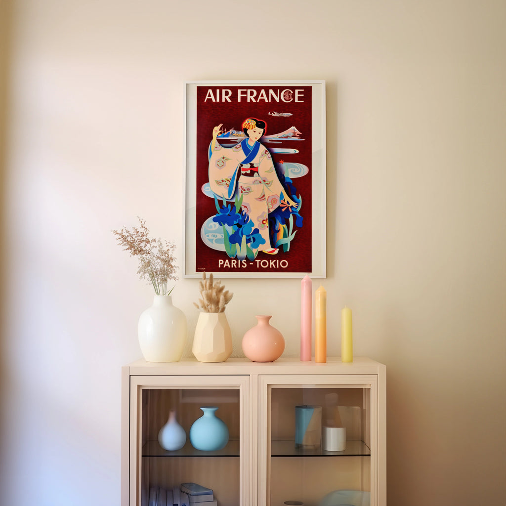 Vintage Japan Travel Poster, Air France Paris - Tokyo, 1950s Art Deco Style, Japanese Woman in Kimono, Wall Art
