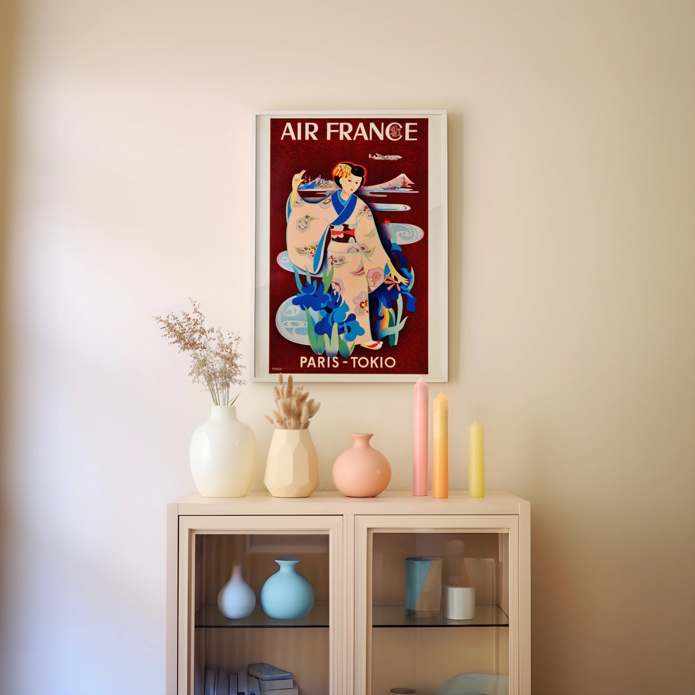 Vintage Japan Travel Poster, Air France Paris - Tokyo, 1950s Art Deco Style, Japanese Woman in Kimono, Wall Art
