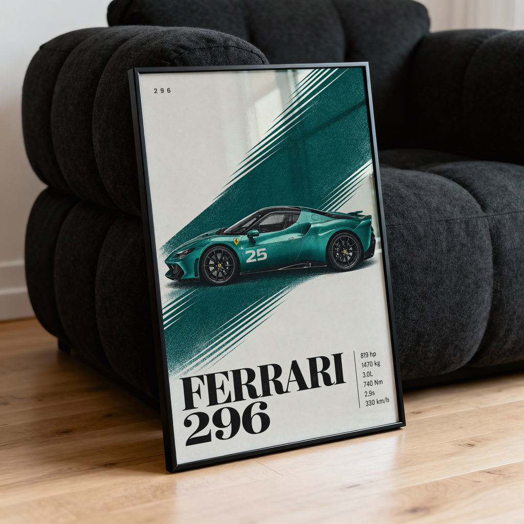 Vintage Ferrari 296 Print, Teal Supercar Wall Art