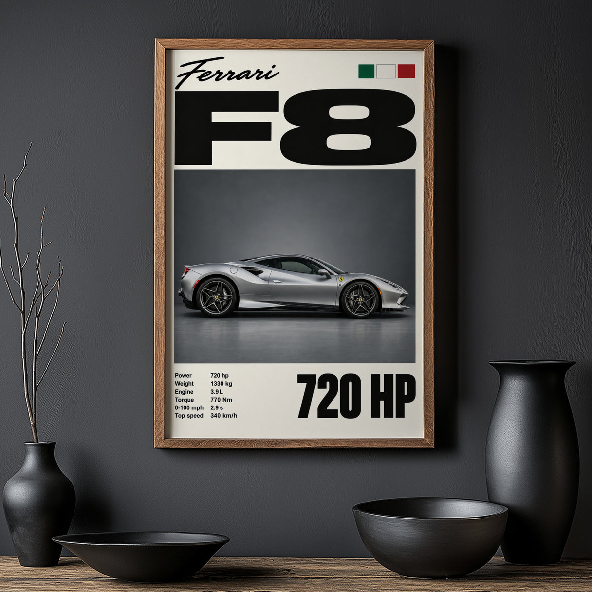 Vintage Ferrari F8 Print, Supercar Wall Art