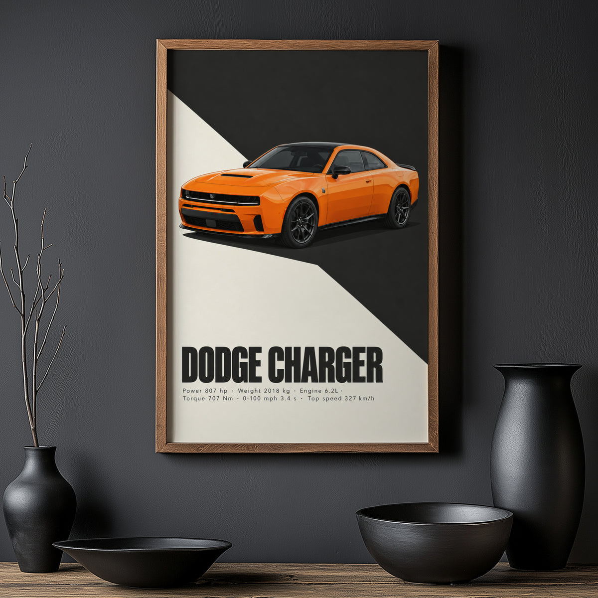 Vintage Dodge Charger Print, Orange Muscle Car Art