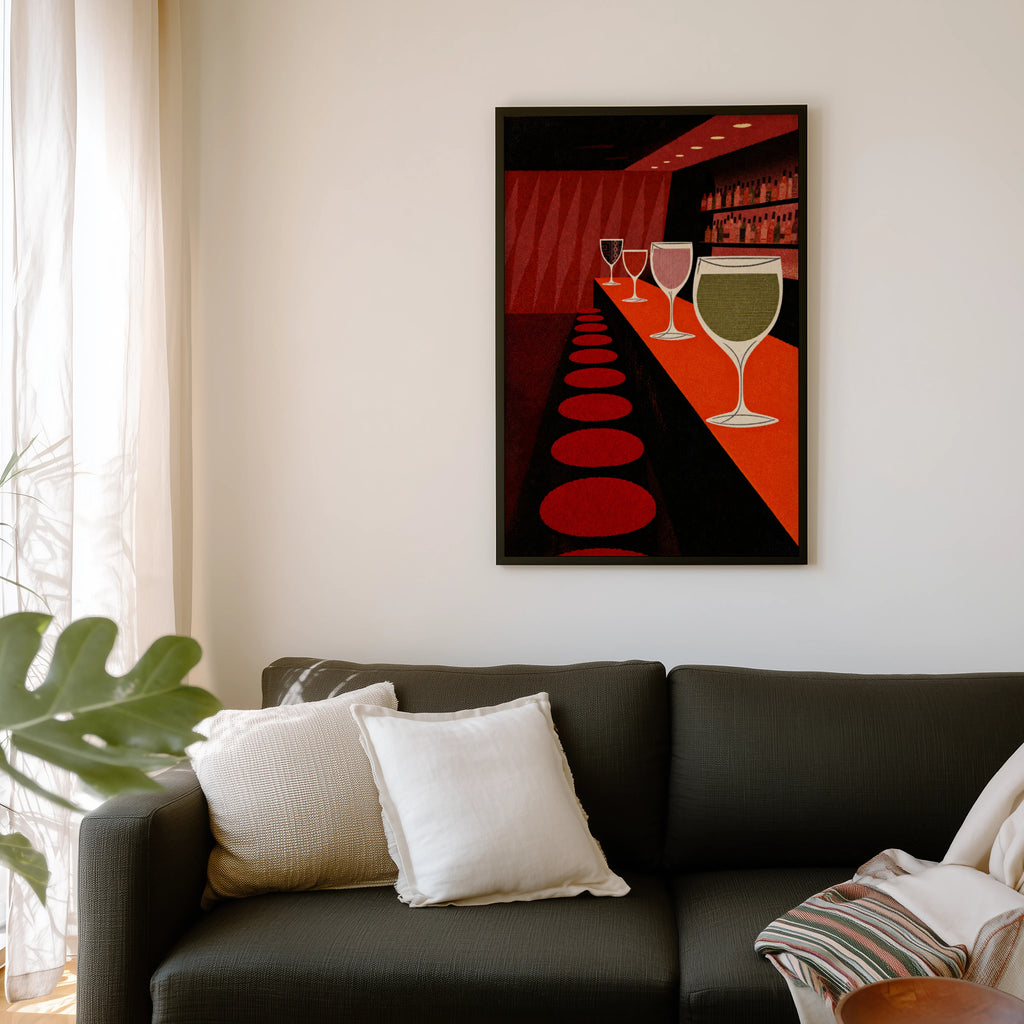 Vintage Wine Bar Print Poster, Mid Century Wall Art