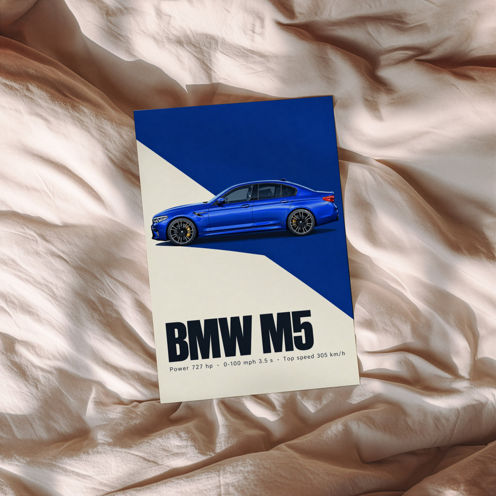 Vintage BMW M5 Print, Car Wall Art, Blue Sedan