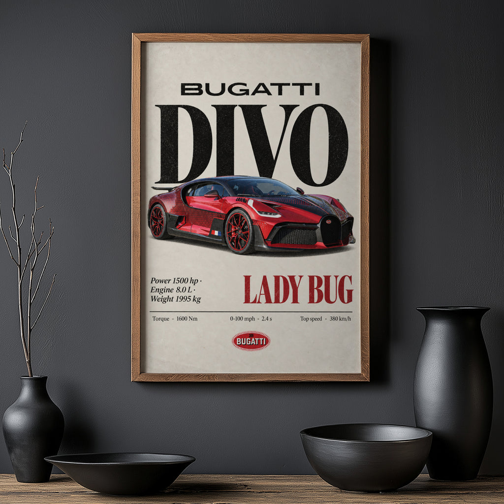 Vintage Bugatti Divo Lady Bug Print, Supercar Art