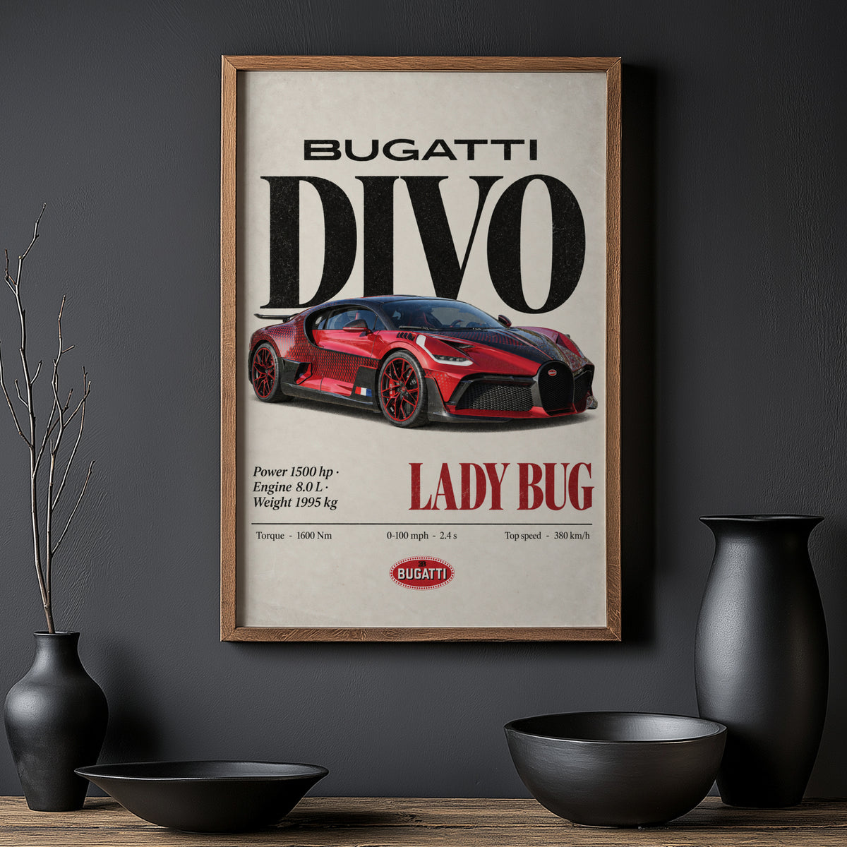 Vintage Bugatti Divo Lady Bug Print, Supercar Art