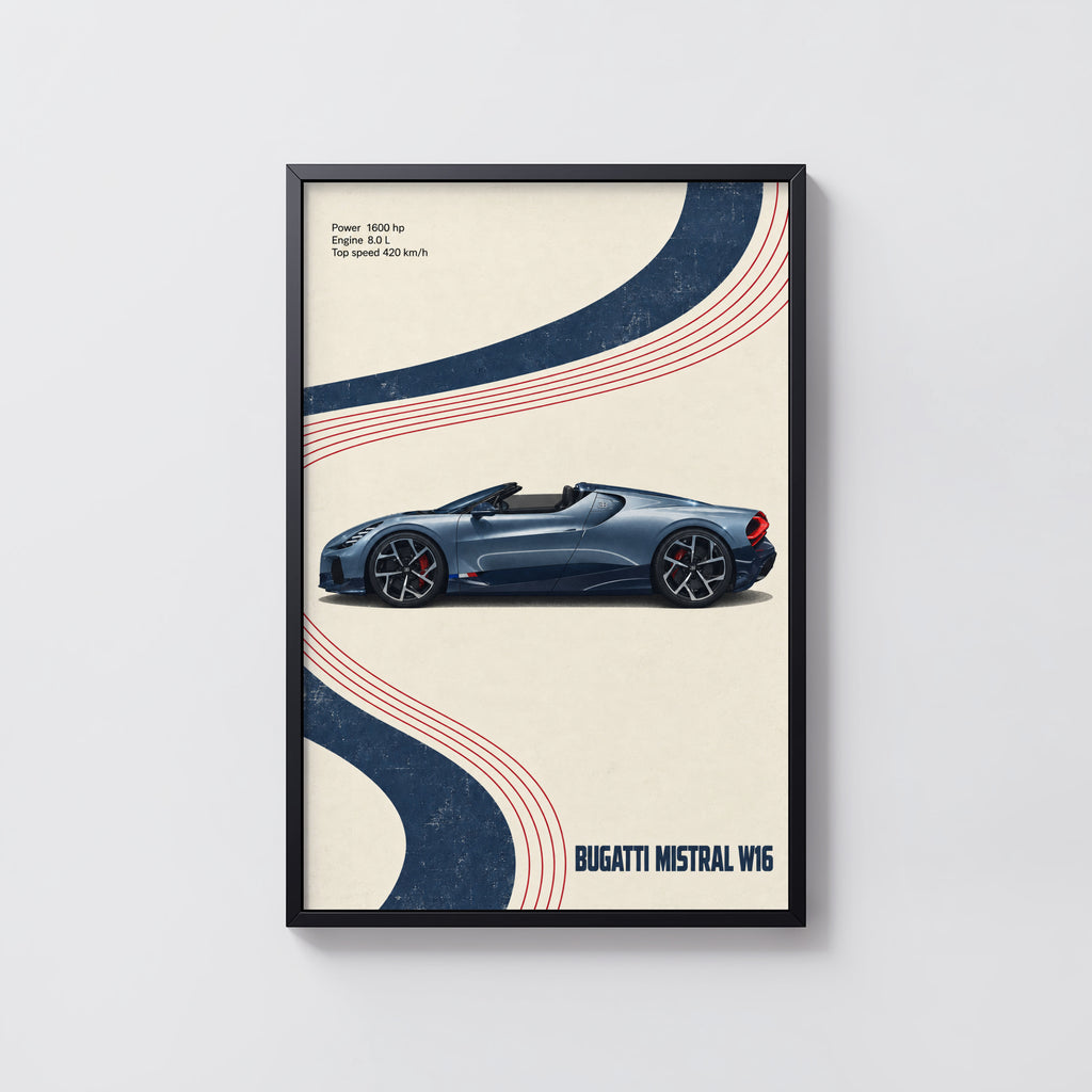 Vintage Bugatti Mistral W16 Print, Car Wall Art