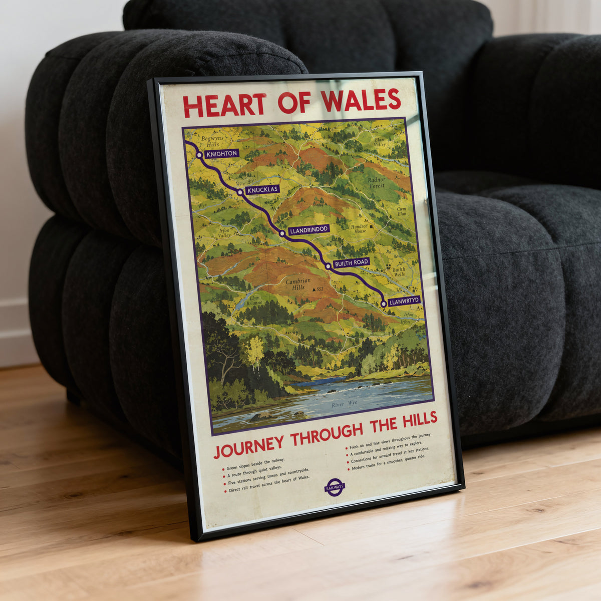 Vintage Heart of Wales Railway Print Poster, Welsh Hills