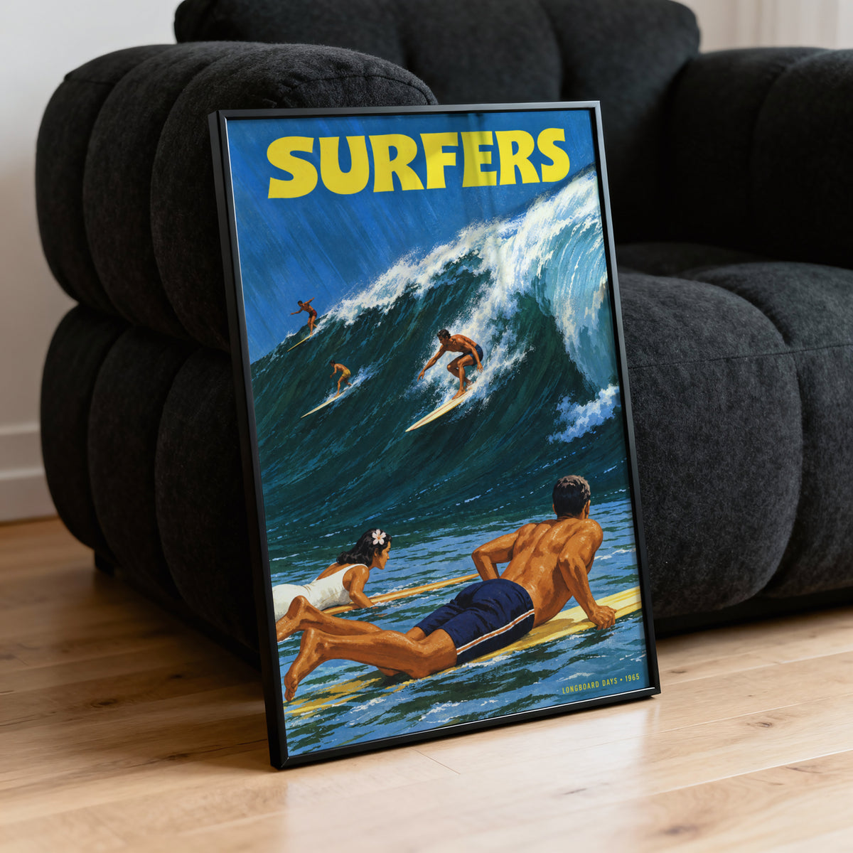 Vintage Surf Print Poster, Longboard Surfers Wave Art