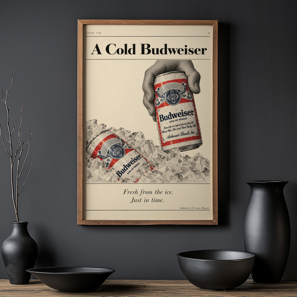 Vintage Budweiser Beer Print, Cold Ice Poster Wall Art