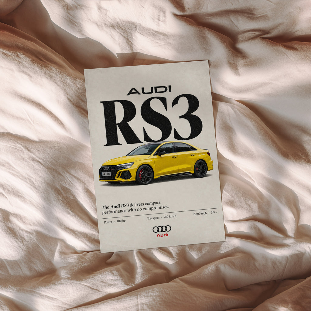 Vintage Audi RS3 Print, Yellow Sports Car Wall Art