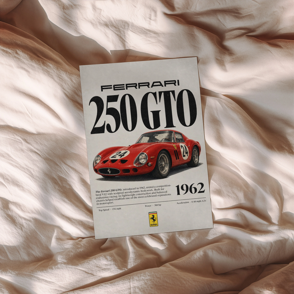 Vintage 1962 Ferrari 250 GTO Print, Classic Car Poster