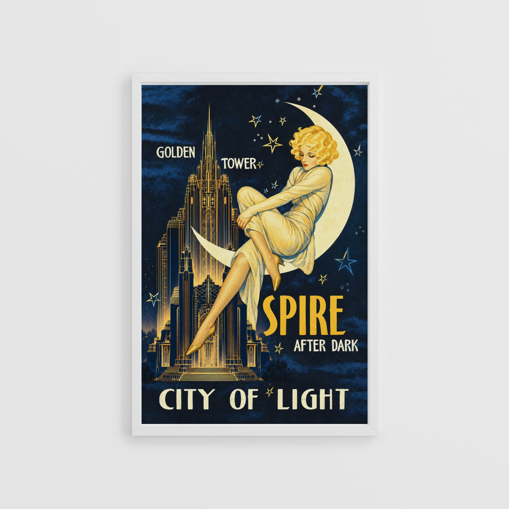 Vintage Art Deco Moon Lady Poster, Night City Wall Art Print
