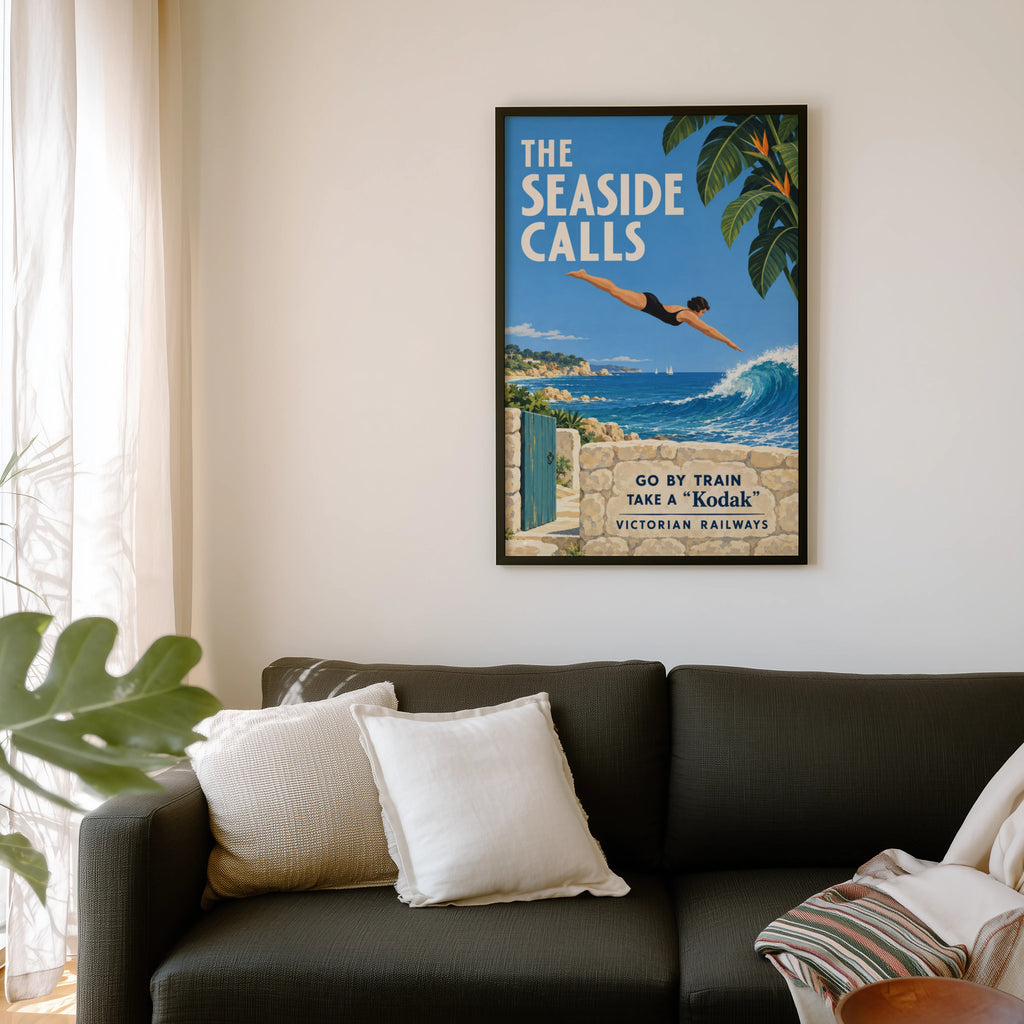 Vintage Seaside Diver Poster, Art Deco Wall Art, Train Print