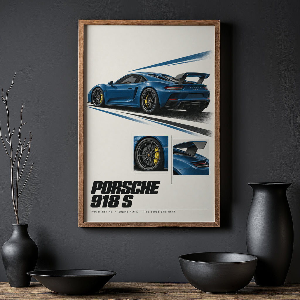 Vintage Porsche 918 S Print, Car Poster, Garage Wall Art