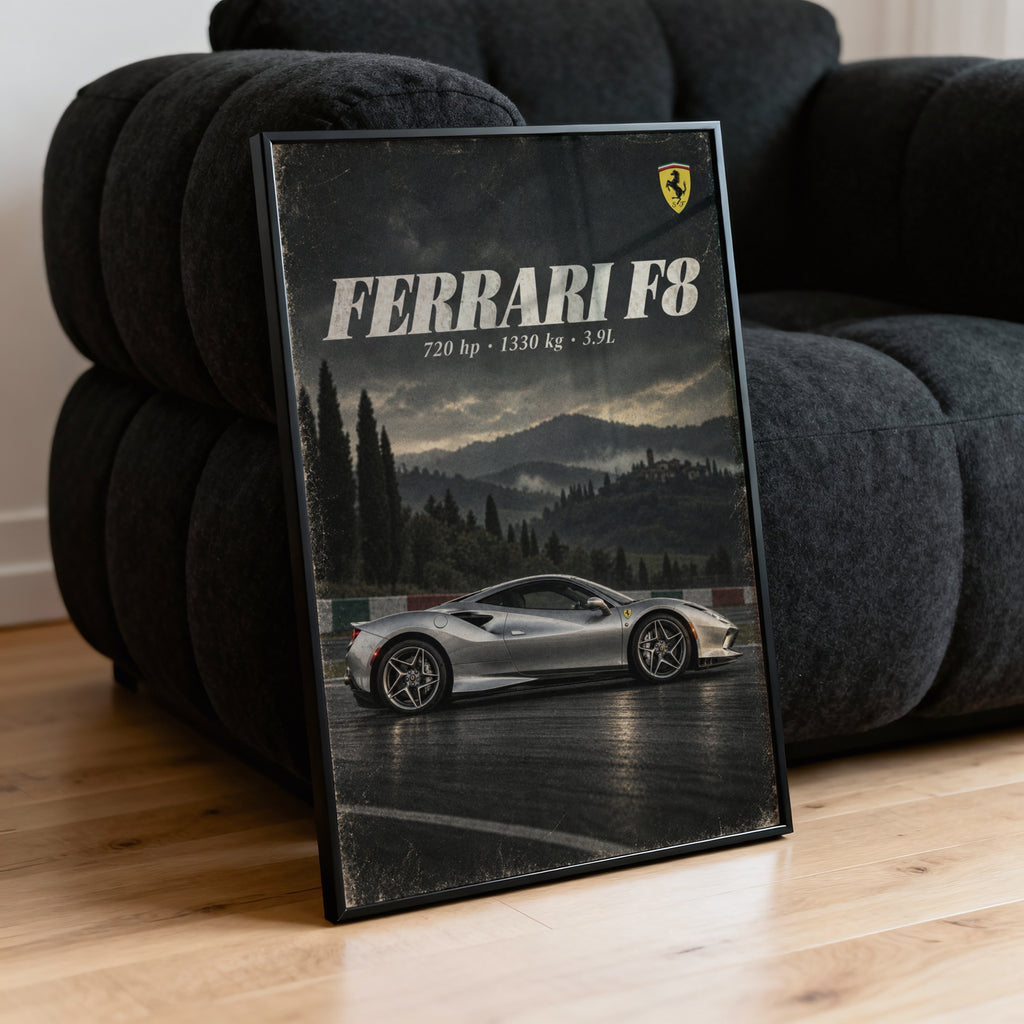 Vintage Ferrari F8 Print, Supercar Wall Art