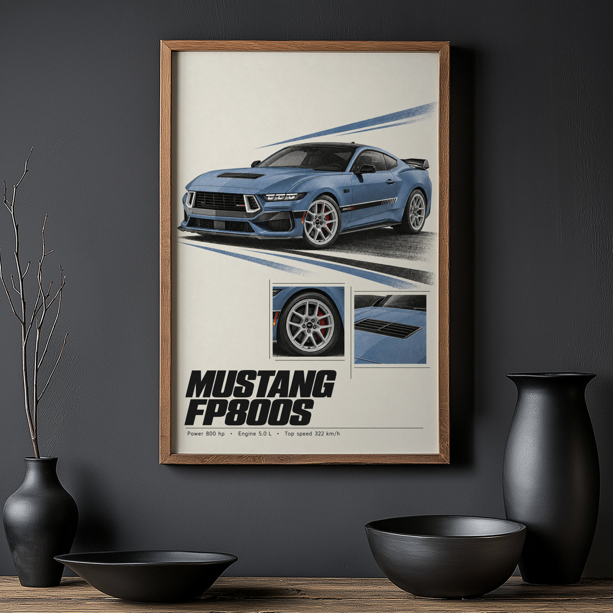Vintage Mustang Print, Blue Muscle Car Wall Art