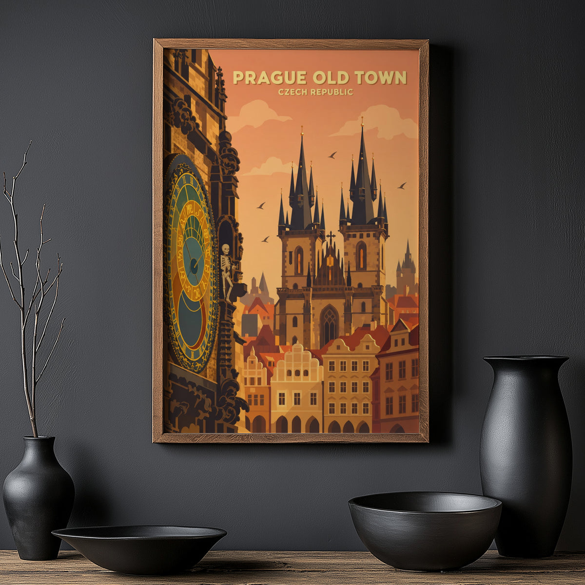 Vintage Prague Old Town Poster, Czech Republic Wall Art