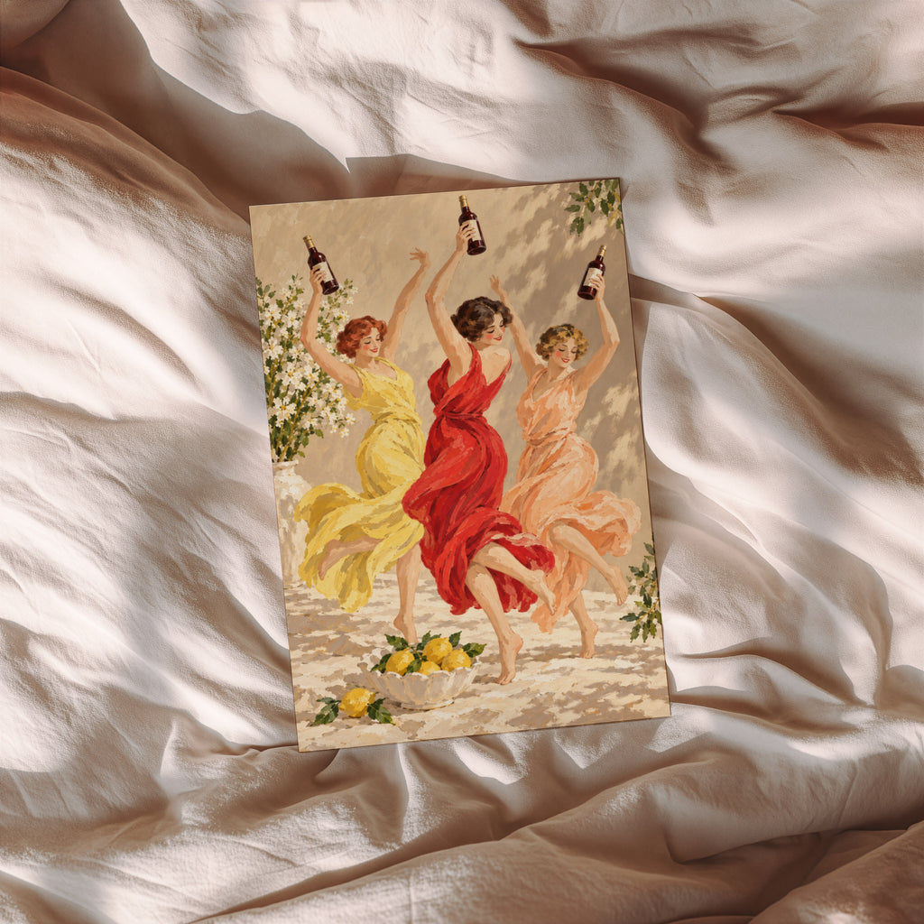 Vintage Print Poster, Dancing Women Wine Wall Art