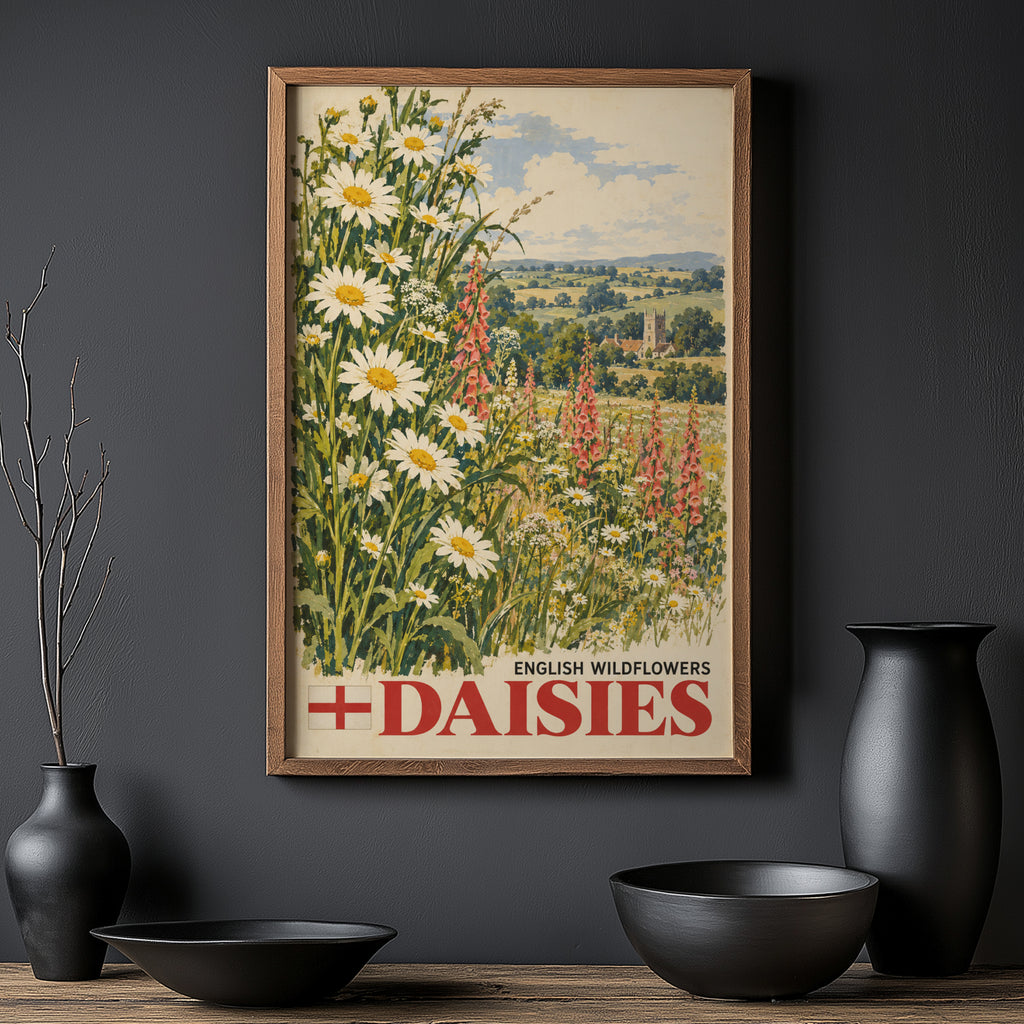 Vintage English Daisies Poster, Wildflower Wall Art Print