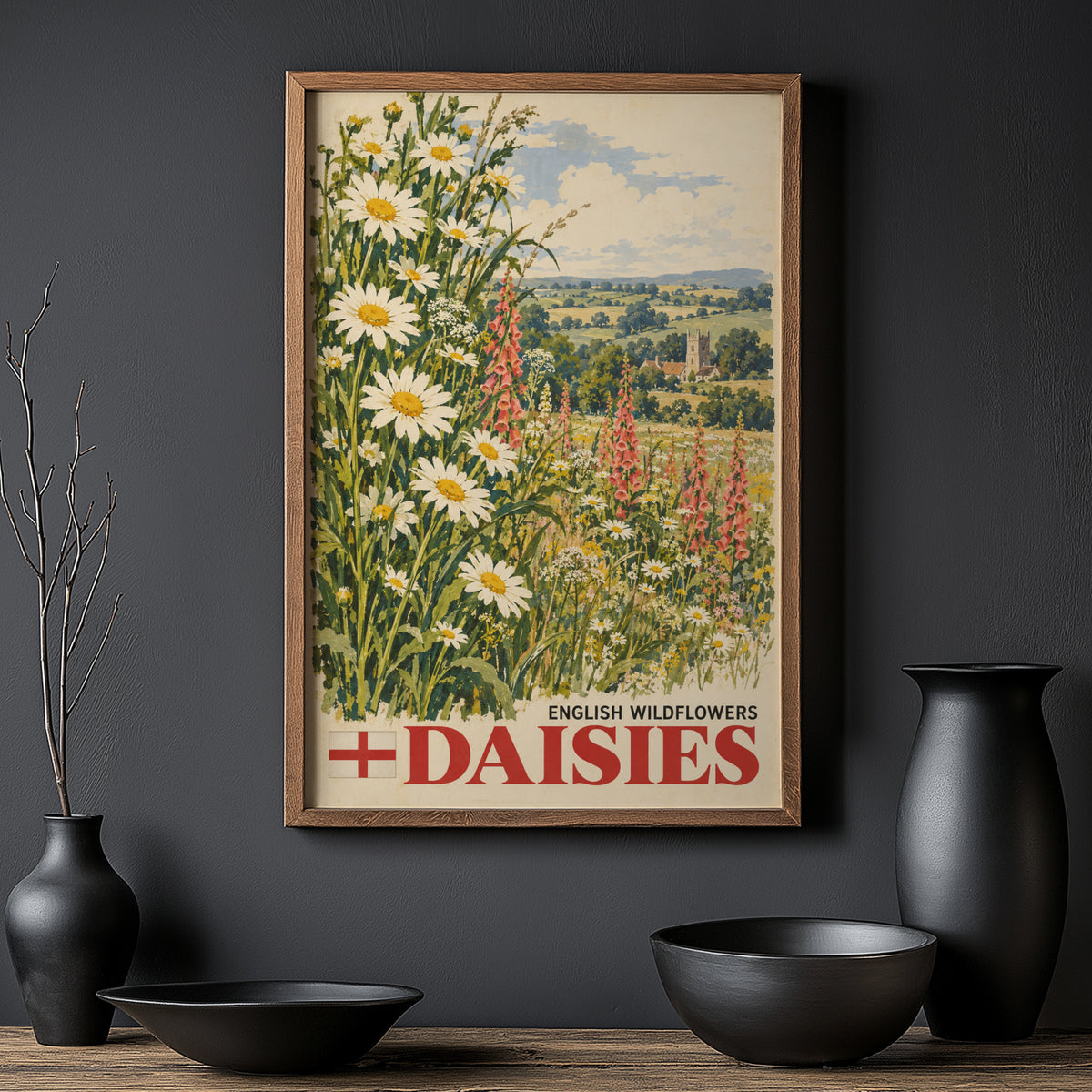 Vintage English Daisies Poster, Wildflower Wall Art Print