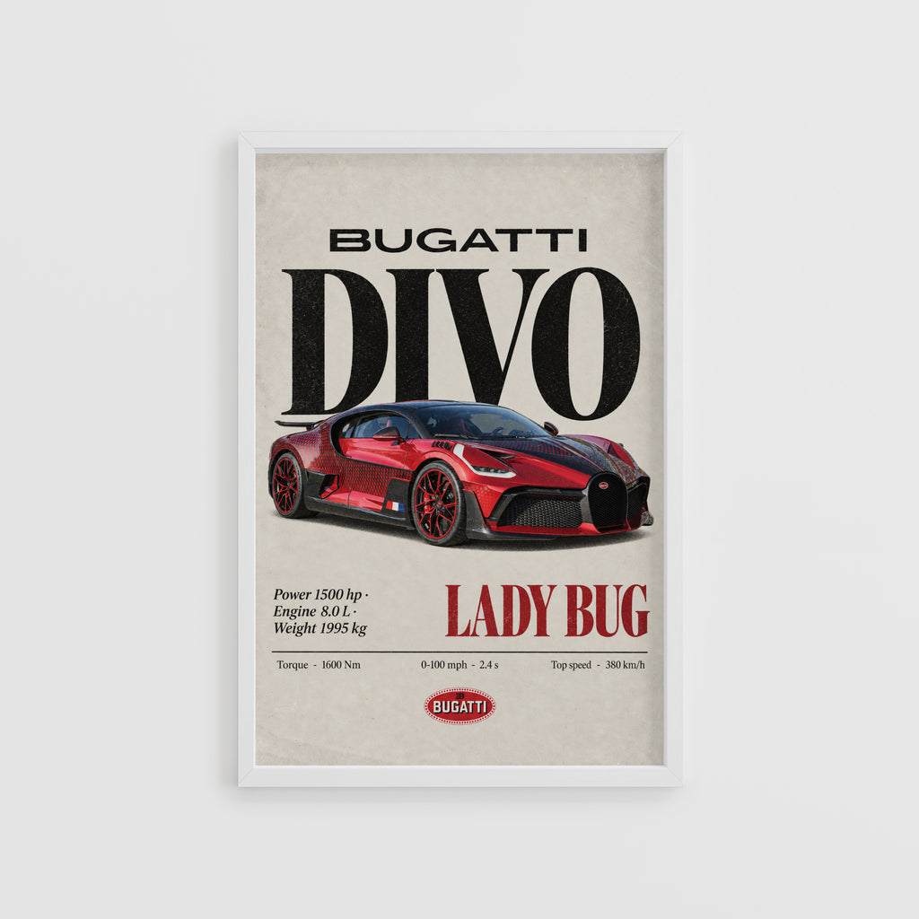 Vintage Bugatti Divo Lady Bug Print, Supercar Art