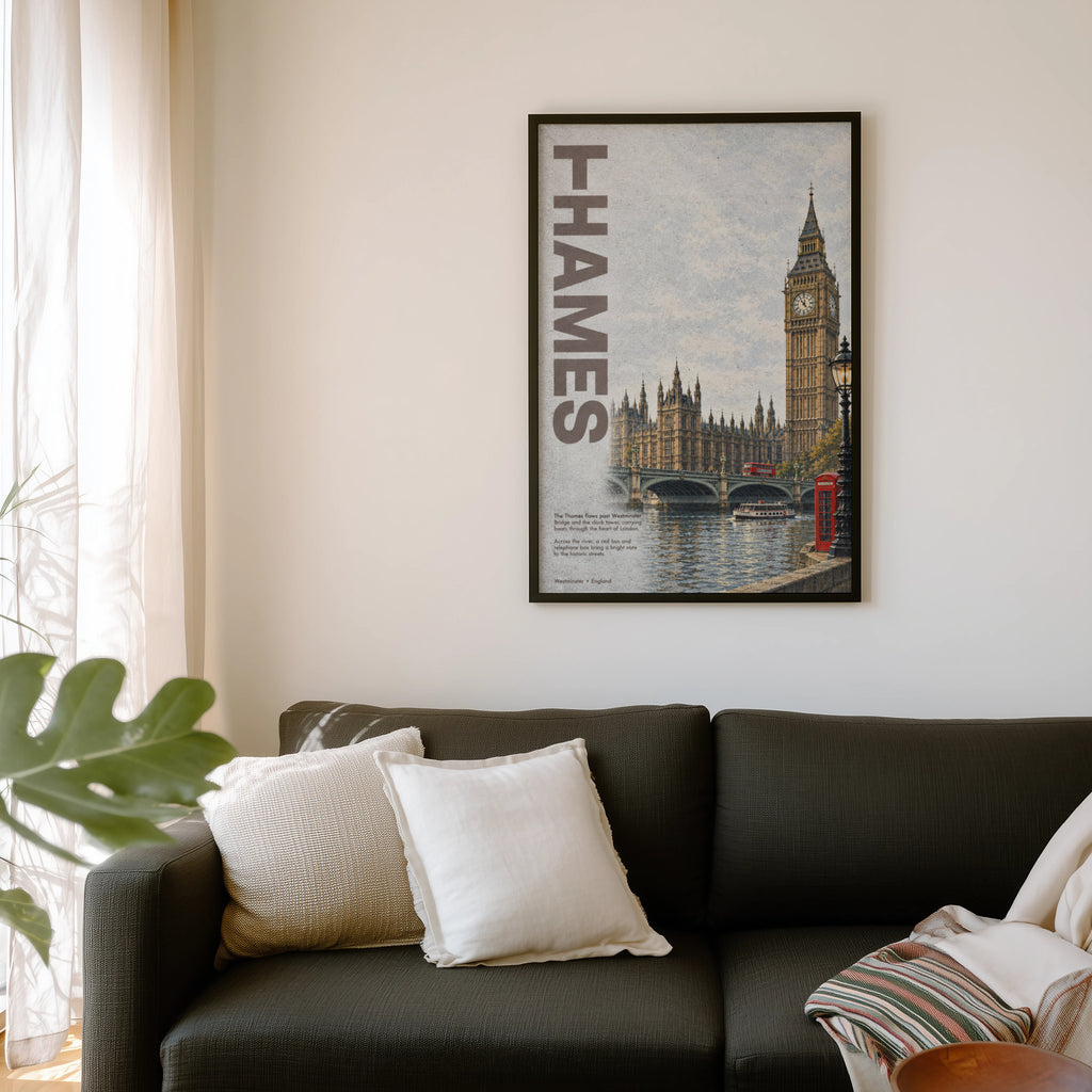Vintage London Thames Poster, Big Ben Wall Art Print