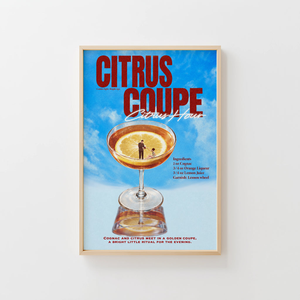 Vintage Citrus Coupe Cocktail Print Poster, Bar Art