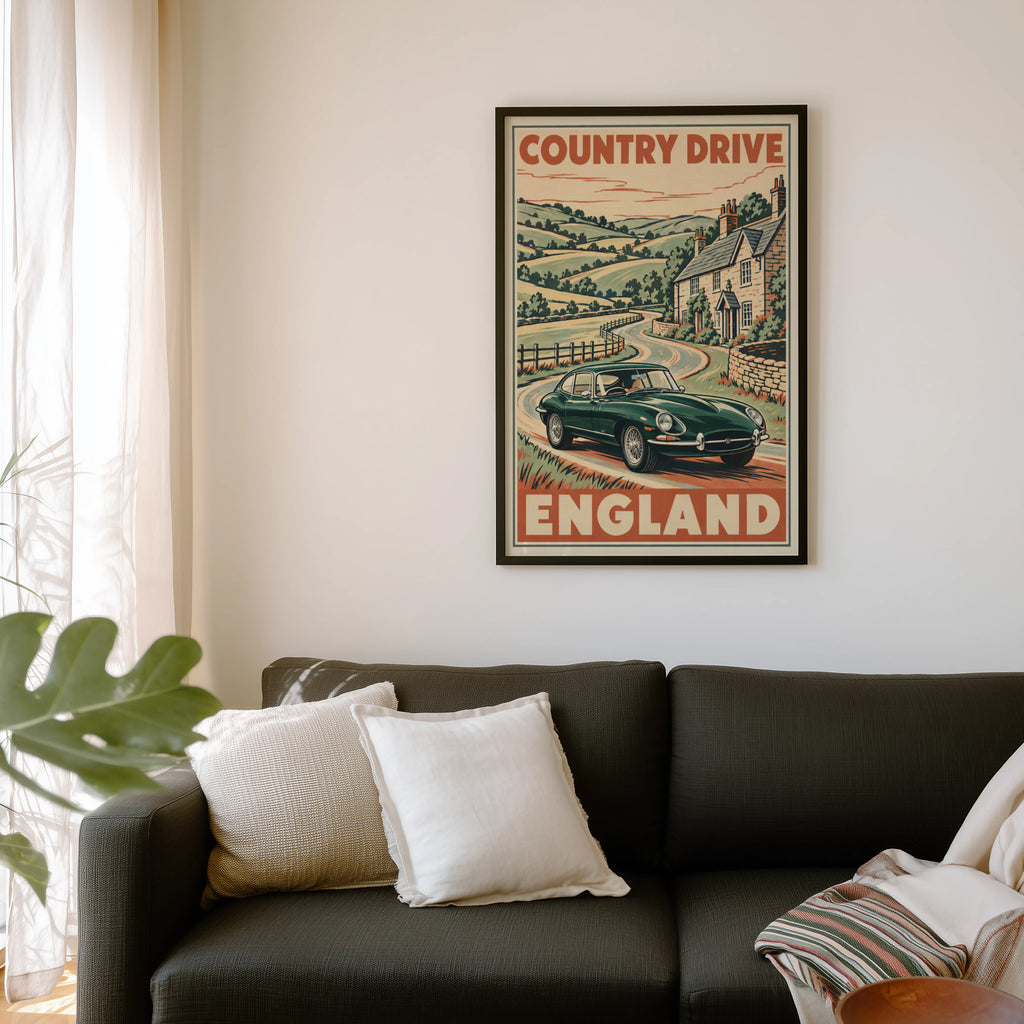 Vintage England Country Drive Poster, Classic Car Print