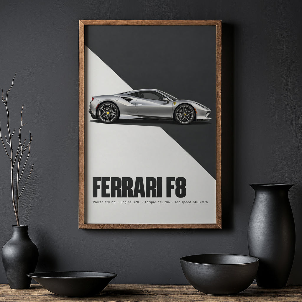 Vintage Ferrari F8 Print, Supercar Wall Art