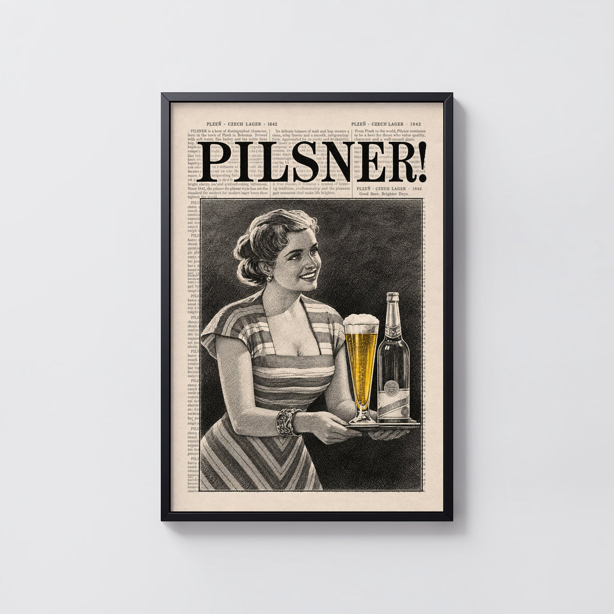 Vintage Pilsner Beer Print and Poster, Czech Lager Bar Art